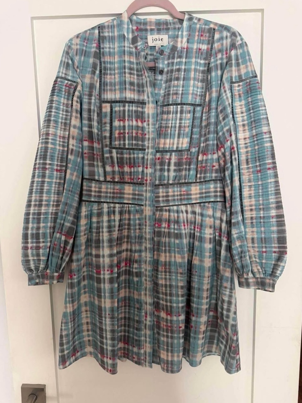 Joie Teal Plaid Pintuck Dress with Pink Accents
